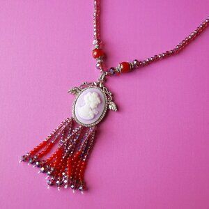 Y2K Lavender Cameo & Crystal Tassel Necklace — Romantic Beaded Statement Piece